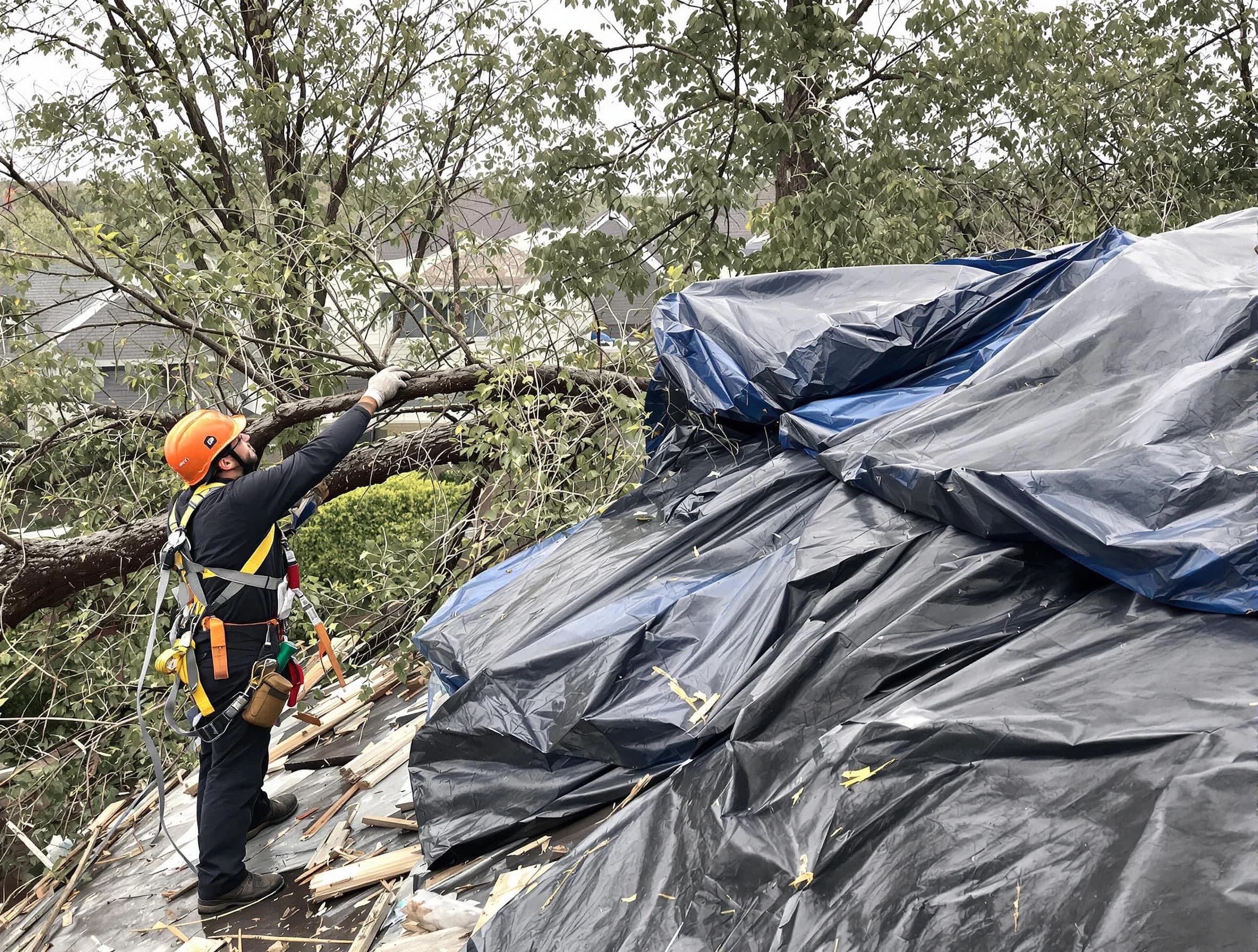 A tarped roof after storm damage repaired by Willowick Roofing Company in Willowick, OH