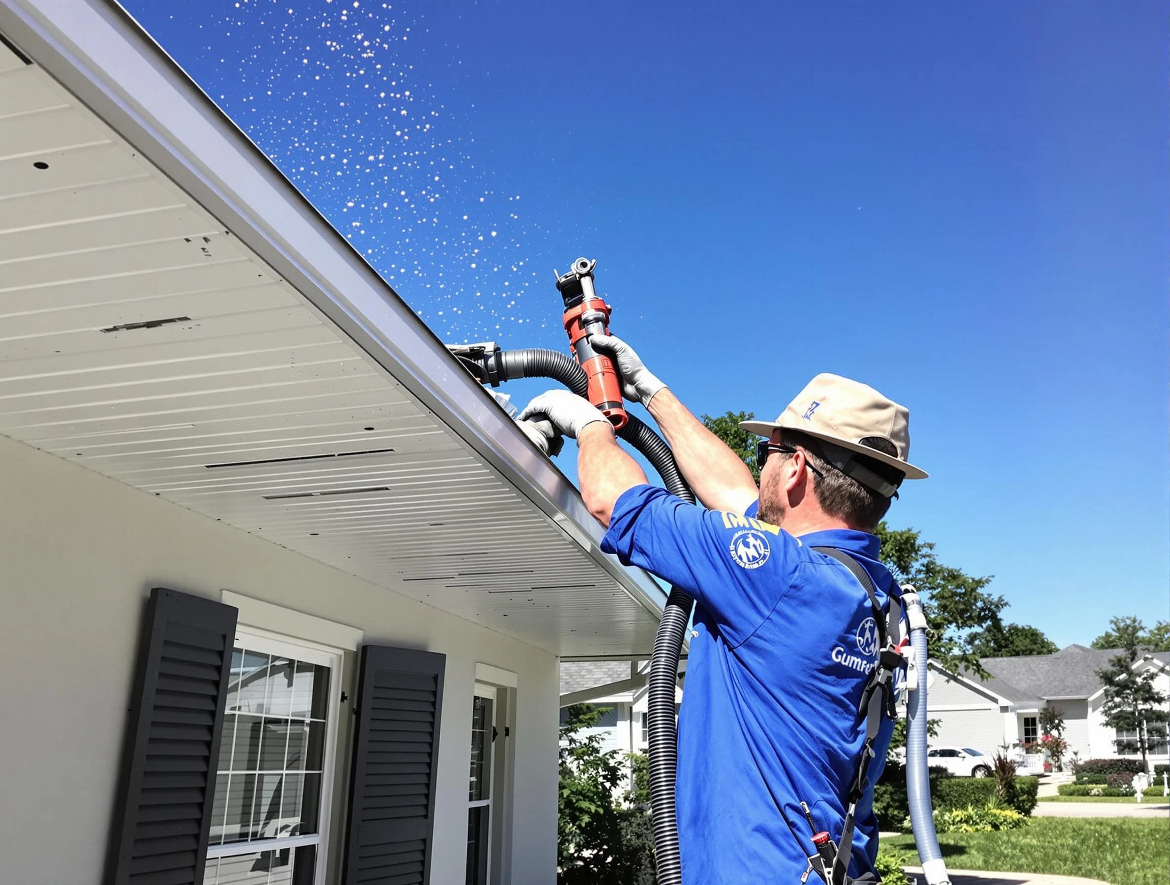 Technician completing a gutter cleaning project by Willowick Roofing Company in Willowick, OH